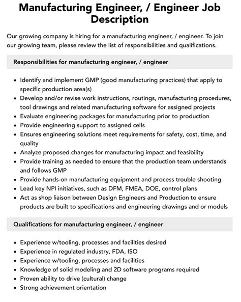 manufacturing engineer job description